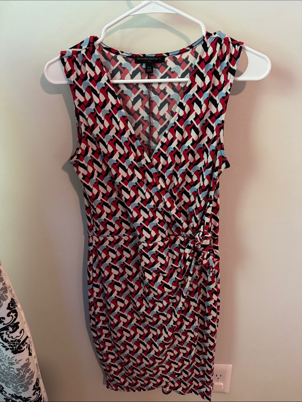 Banana Republic Red, Black & White Geometric Faux-Wrap Dress